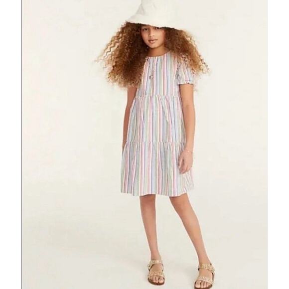 Crewcuts Girls Puff Sleeve Dress Rainbow Seersucker Size 5 Sun A Line Tiered - Picture 3 of 6